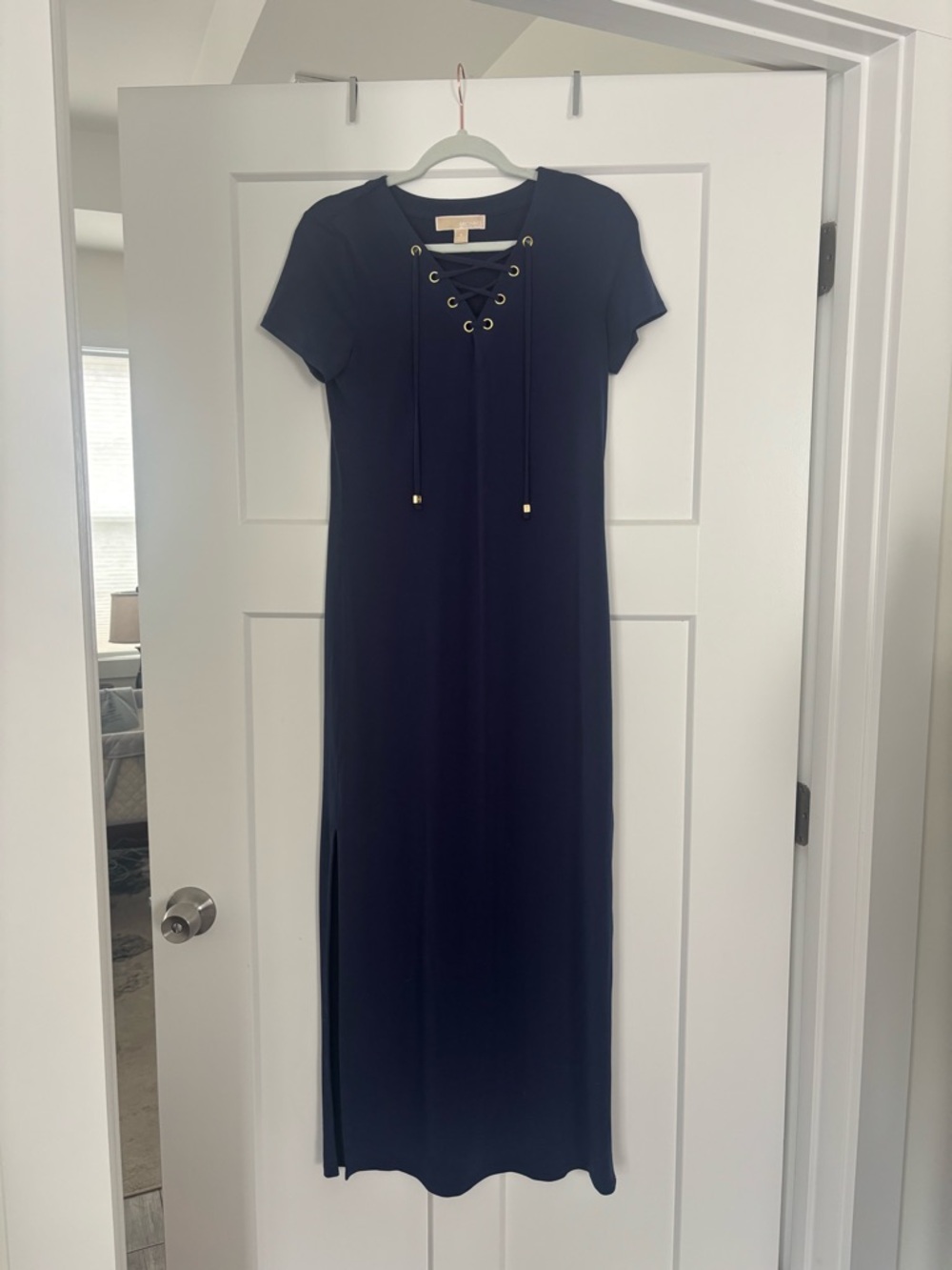 Michael Kors Navy Lace-Up Short Sleeve Maxi Dress